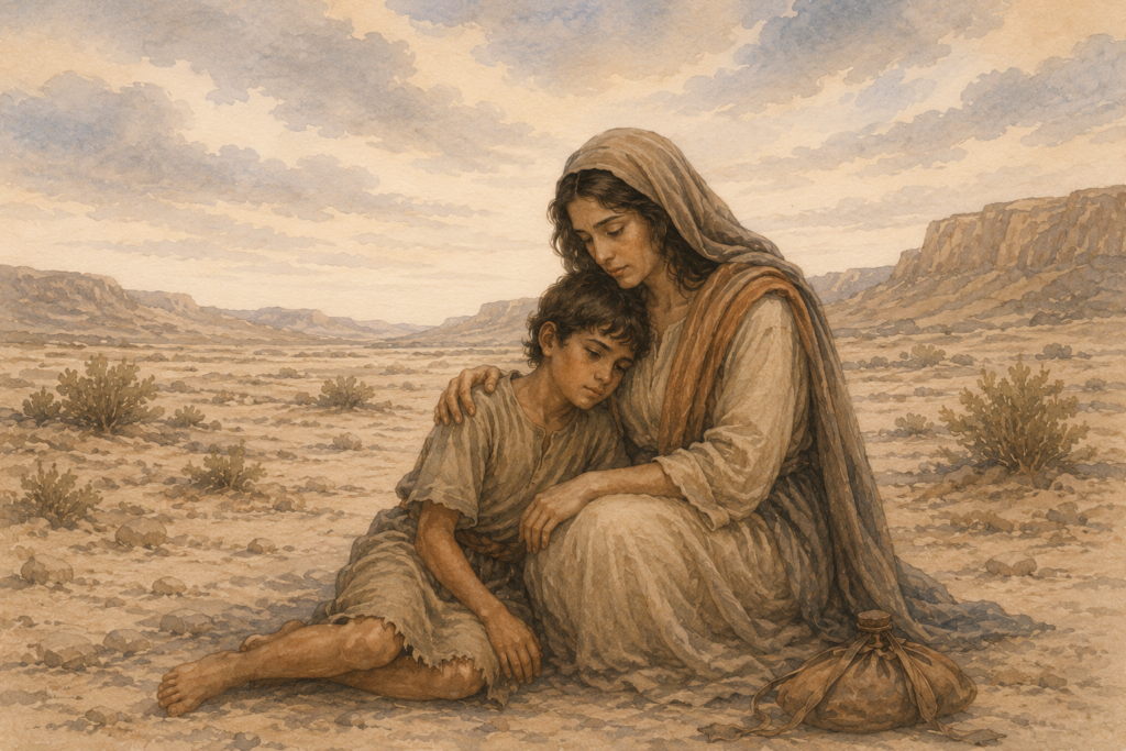 watercolor style illustration of Hagar and Ishmael, sitting in the desert