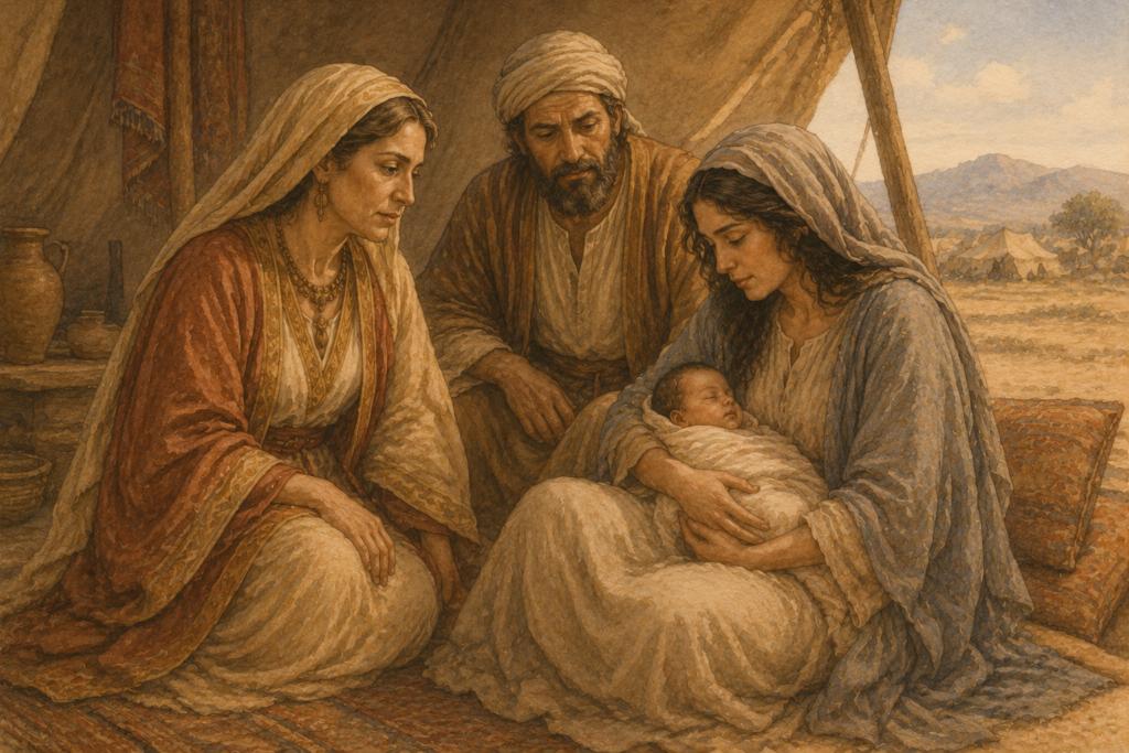 sepia-toned illustration of a mother, father, and newborn child in the ancient biblical world. Abraham, Sarah, Hagar, and Ishmael