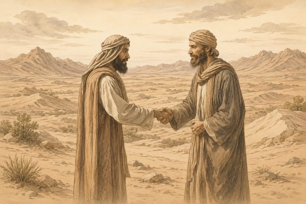 Sepia-toned illustration of a covenant or agreement between two men during the biblical period