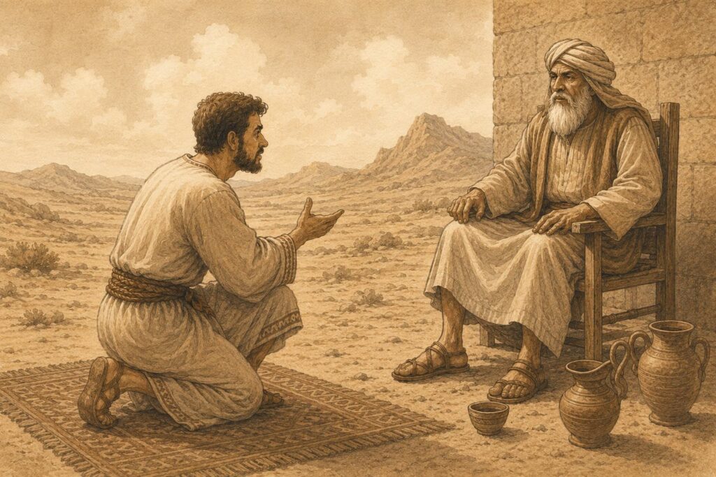 a sepia-toned illustration of Jacob kneeling before Laban