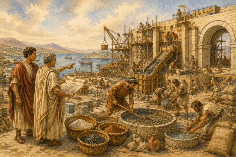 depiction of romans mixing cement and concrete