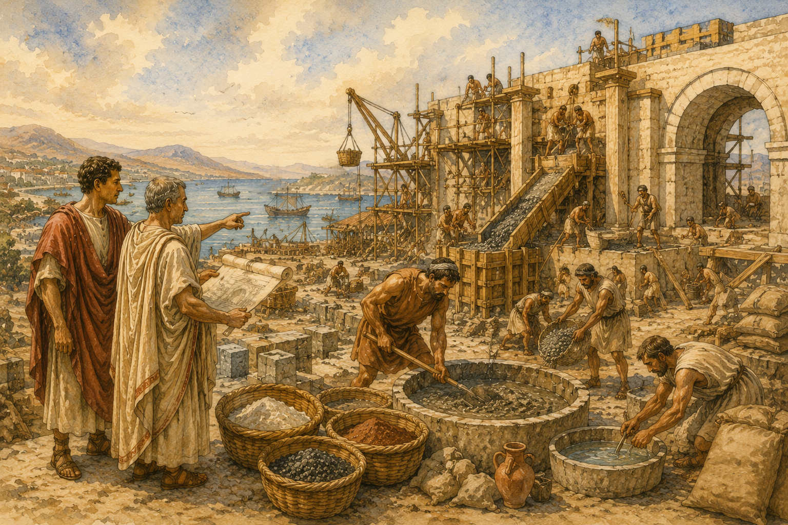 depiction of romans mixing cement and concrete