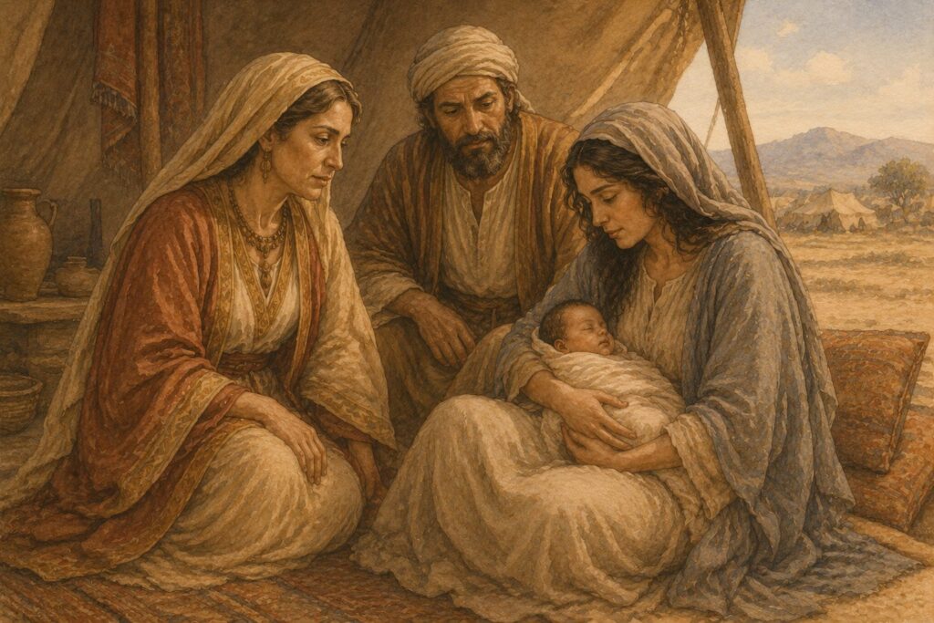 sepia-toned illustration of a mother, father, and newborn child in the ancient biblical world. Abraham, Sarah, Hagar, and Ishmael