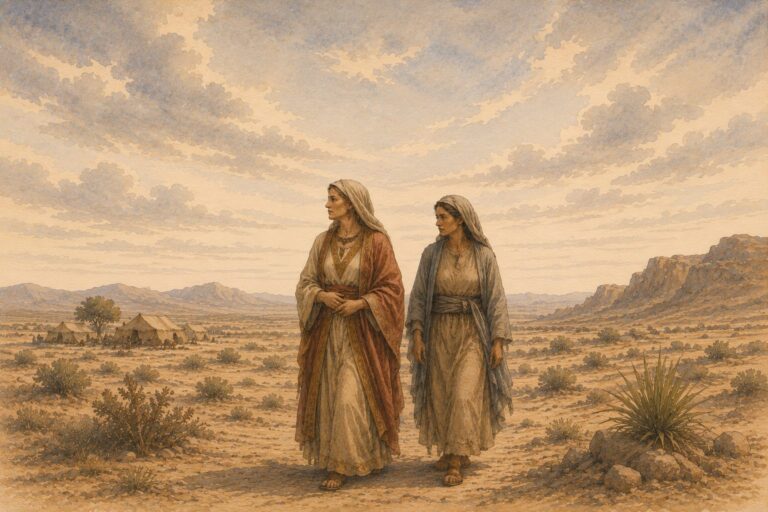 illustration of Sarah and Hagar walking in a desert setting. biblical scene