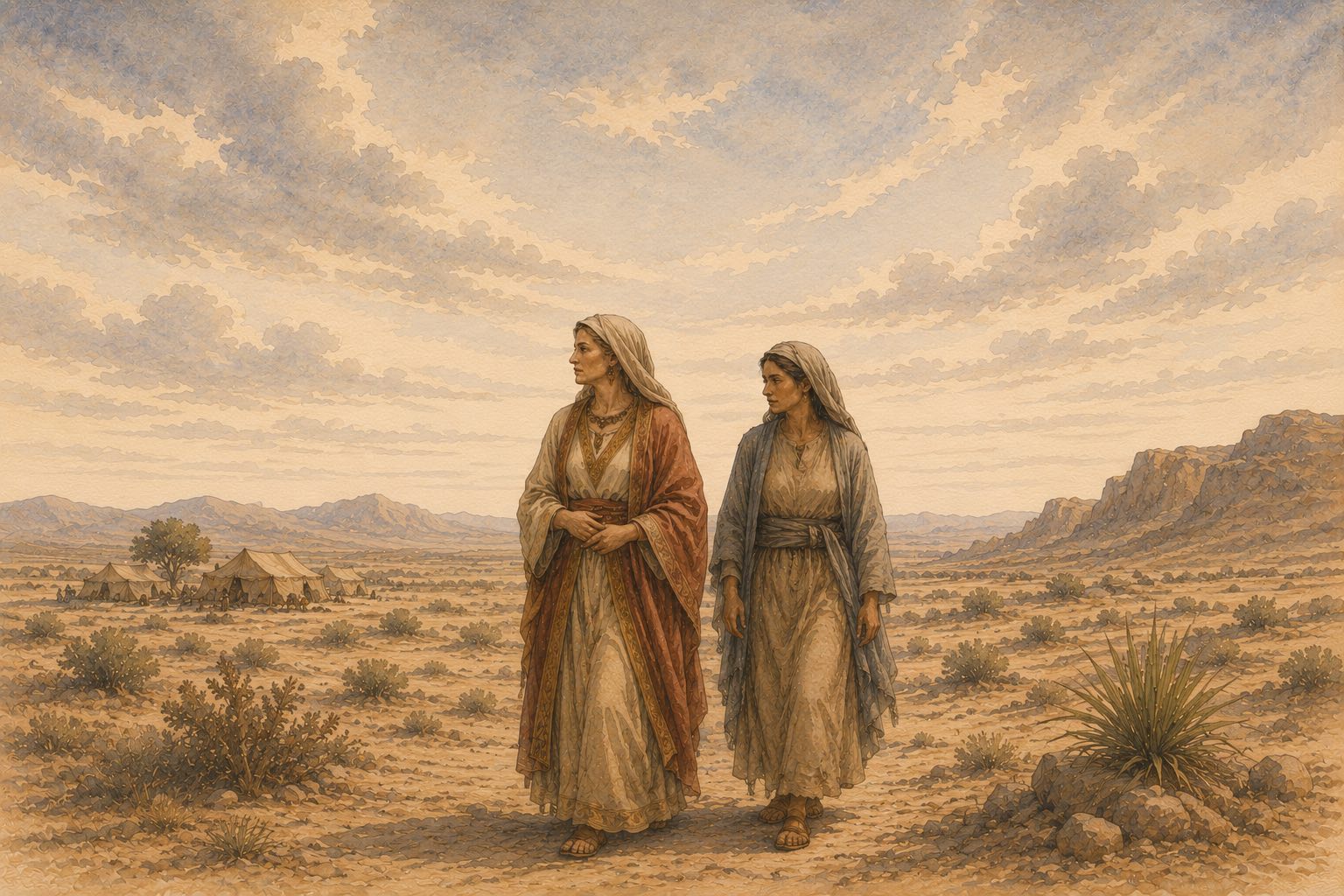 illustration of Sarah and Hagar walking in a desert setting. biblical scene