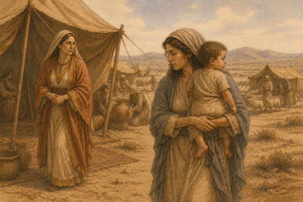 Sepia-toned illustration of Sarah and Hagar with young Ishmael in Abraham's desert encampment.