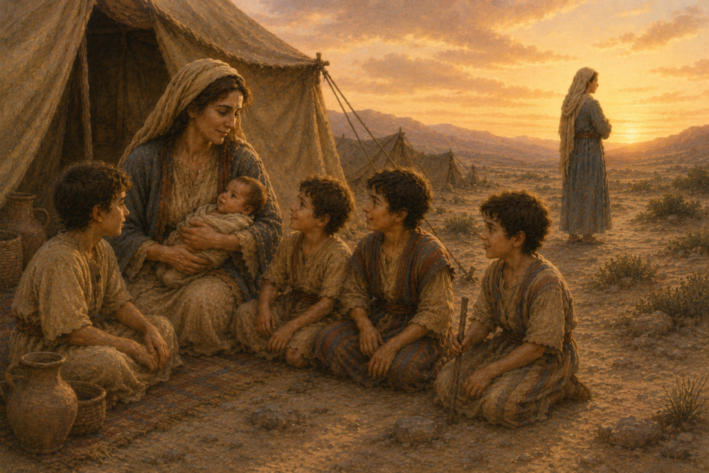 Leah and her sons (Reuben, Simeon, Levi, Judah, and Gad) sitting outside a tent at sunset, while Rachel stands apart from them