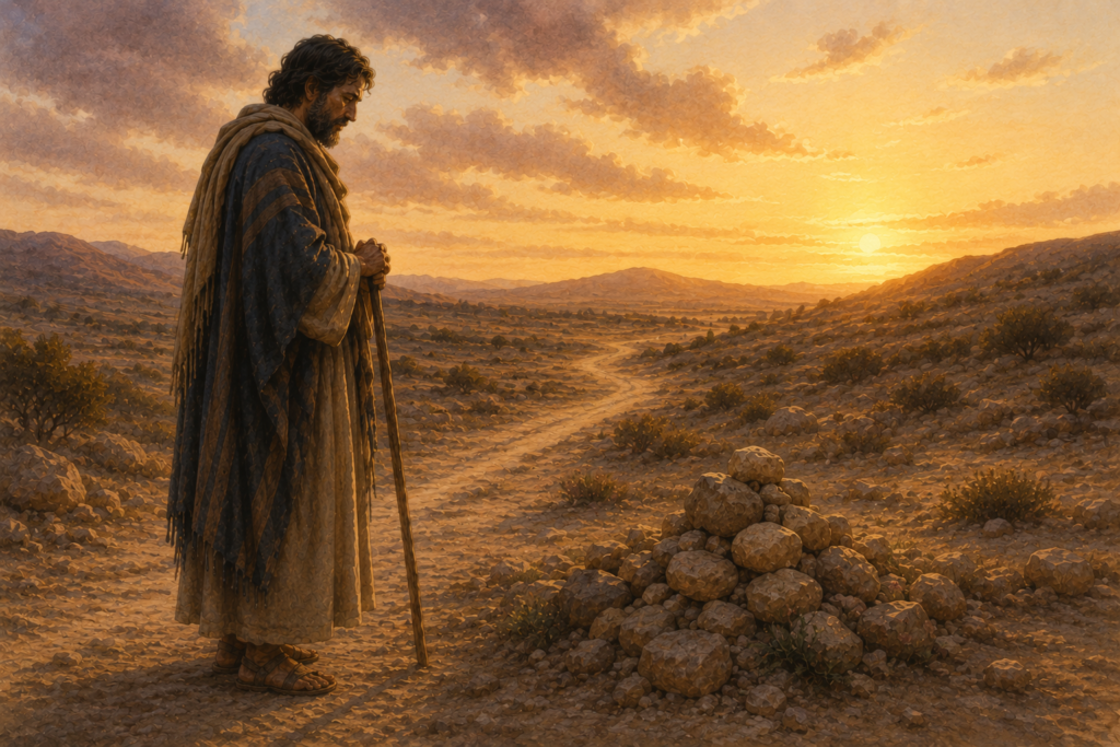 Jacob standing in quiet reflection beside Rachel’s roadside burial place at sunset