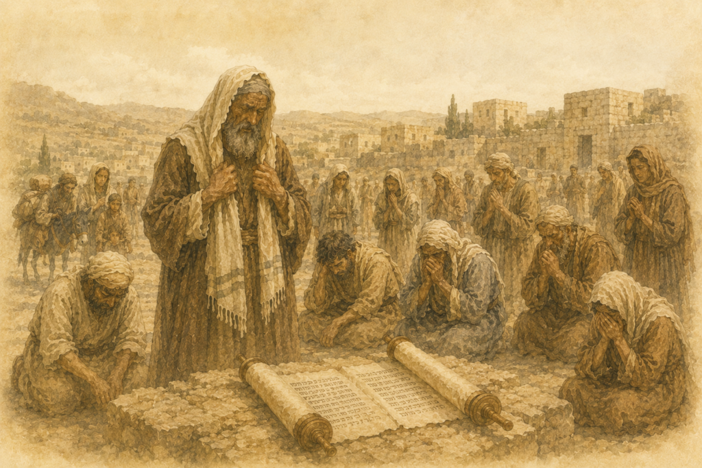 illustration of Ezra and the returning exiles mourning and praying in post-exilic Jerusalem during the Persian period