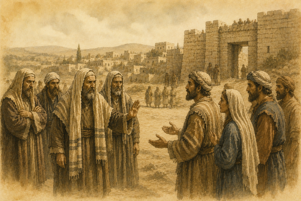 watercolor illustration of returning Jewish exiles refusing an offer of help from local inhabitants during the rebuilding of Jerusalem in the Persian period.