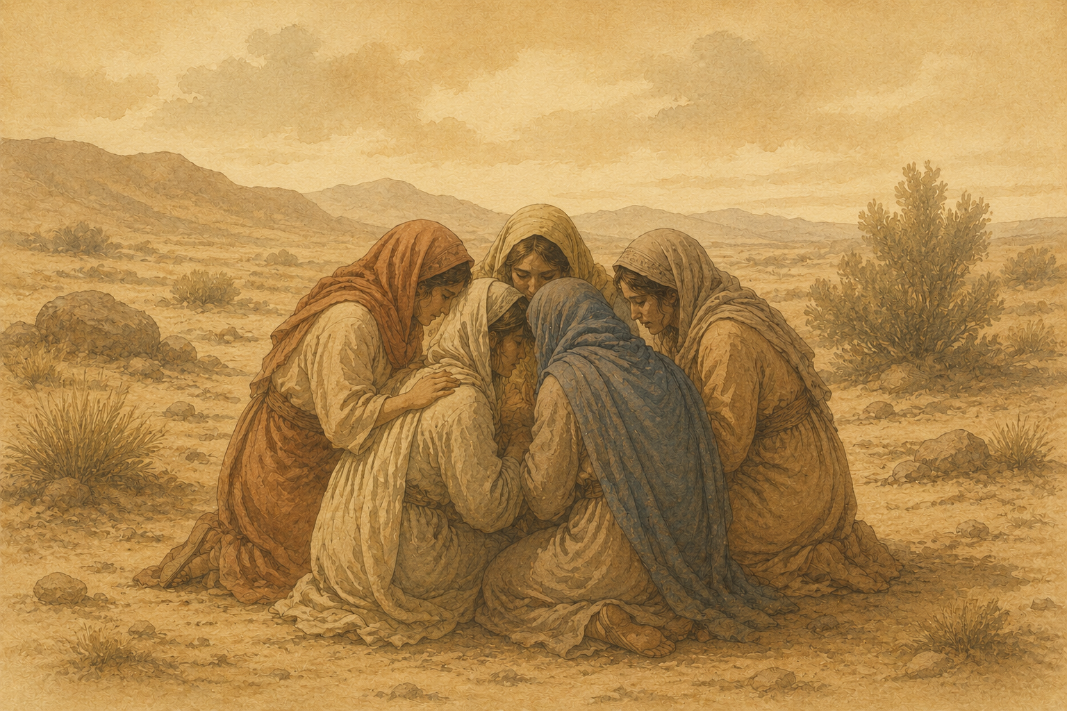 sepia-toned desert scene set in ancient biblical times, of a group of women huddled together in prayer