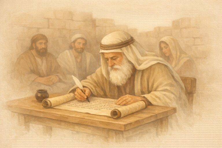 watercolor illustration of Ezra writing and teaching from a scroll during the post-exilic period.