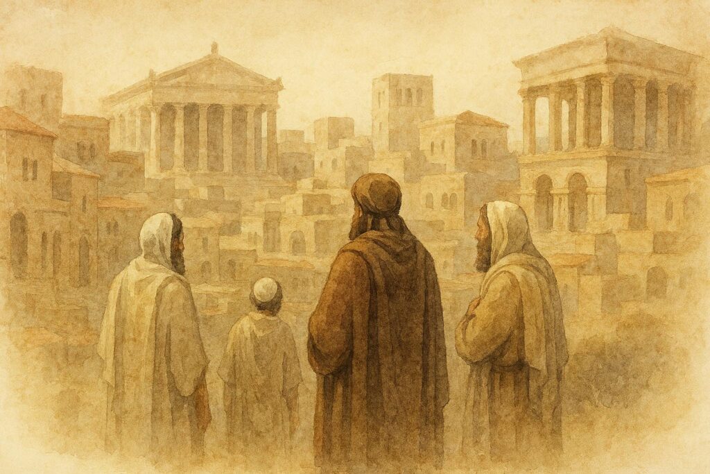 Sepia-toned illustration of Jewish travellers looking upon a Hellenistic city during the Second Temple period
