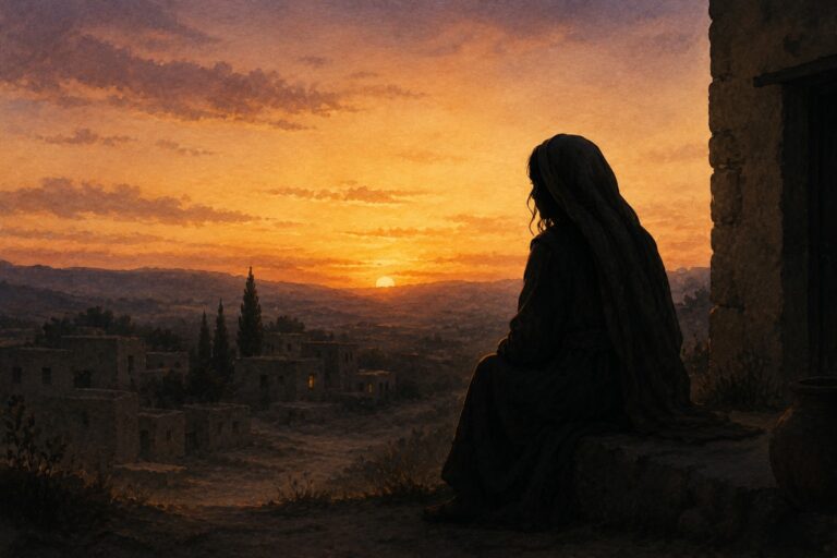 Watercolor silhouette of a woman sitting alone at sunset overlooking an ancient village, symbolising waiting and uncertainty in the biblical world