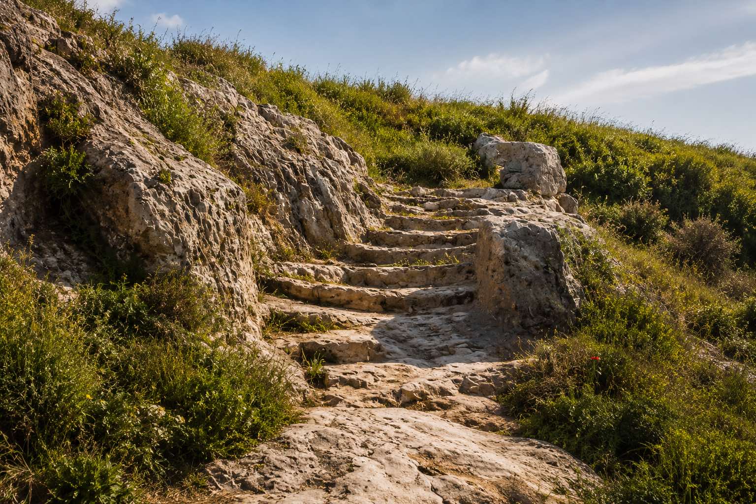a rocky path leading up along the mountainside