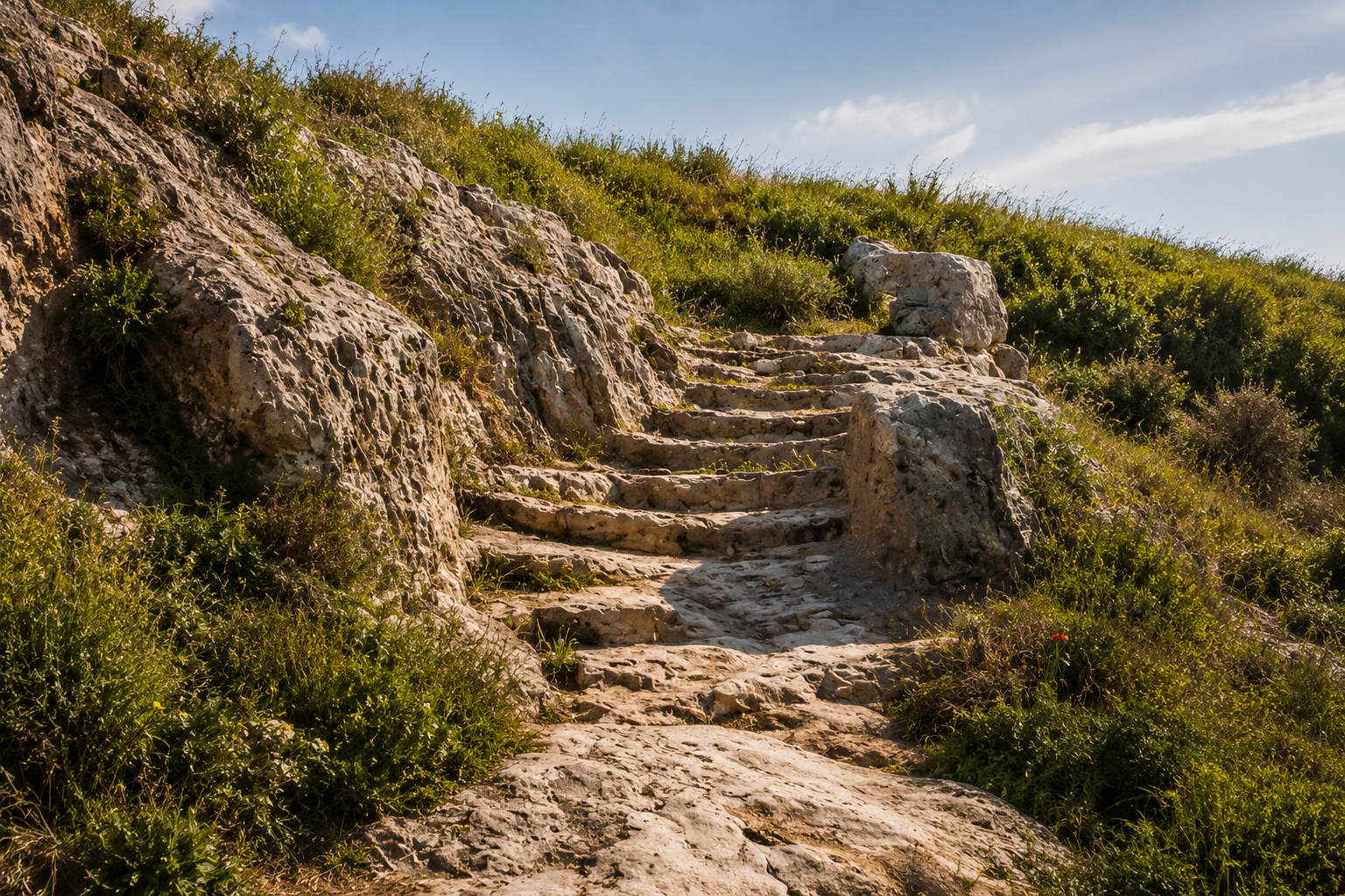 a rocky path leading up along the mountainside