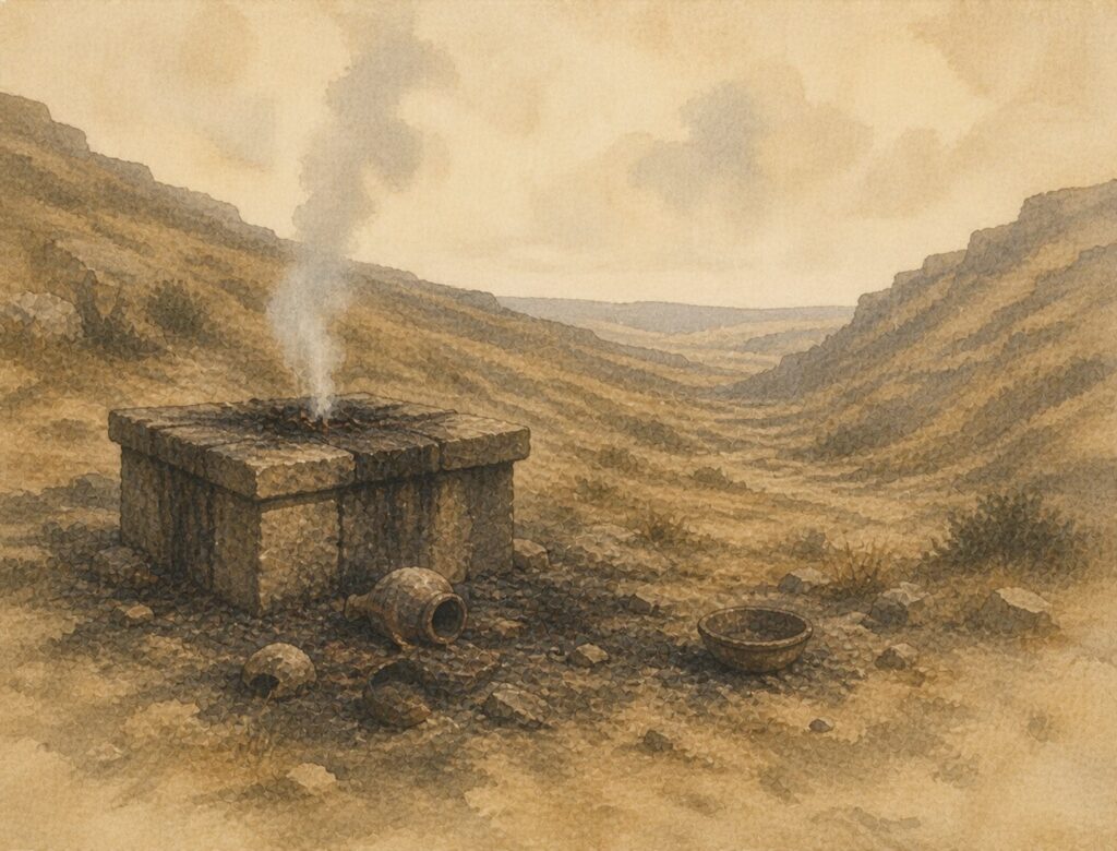 watercolor illustration of an alter in biblical times, with the remains of a burnt offering