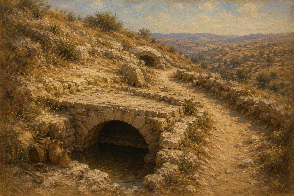 illustration of an arid hillside with ancient cisterns