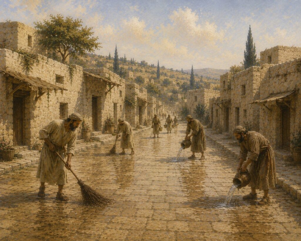 Workers sweeping and washing the streets of Jerusalem in preparation for the pilgrimage festivals during the Second Temple period