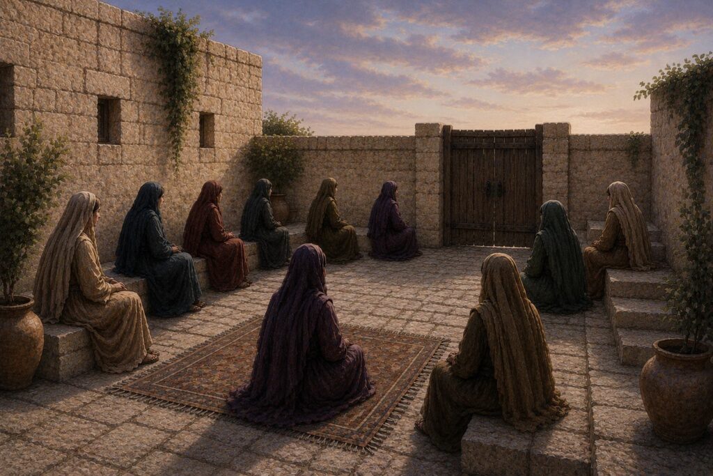 Watercolor illustration of ten women seated in seclusion within an ancient stone courtyard, representing David’s concubines living in confinement after Absalom’s rebellion