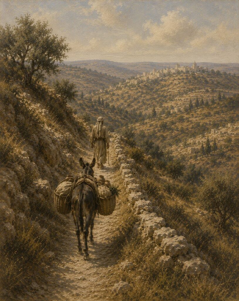 illustration of a man leading a donkey on a narrow path, Second Temple period