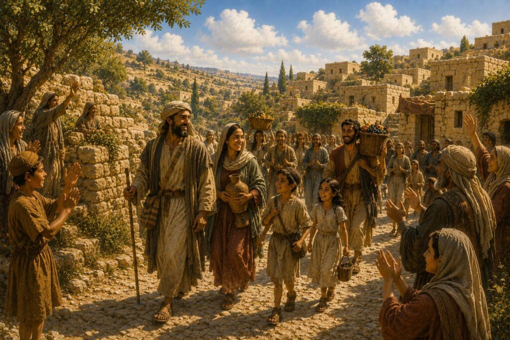 Pilgrims being welcomed into Jerusalem by the inhabitants of the city during the Second Temple period
