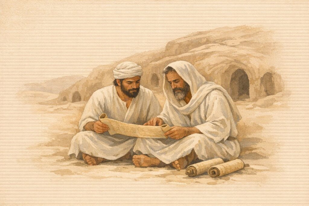 Watercolour illustration of Essene men studying scrolls near the Dead Sea during the Second Temple period.