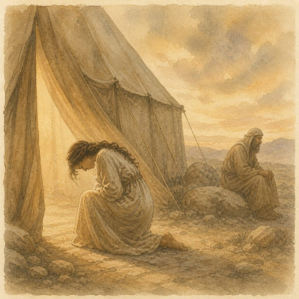 watercolor illustration of Hannah praying to God, while the high priest eli sits nearby