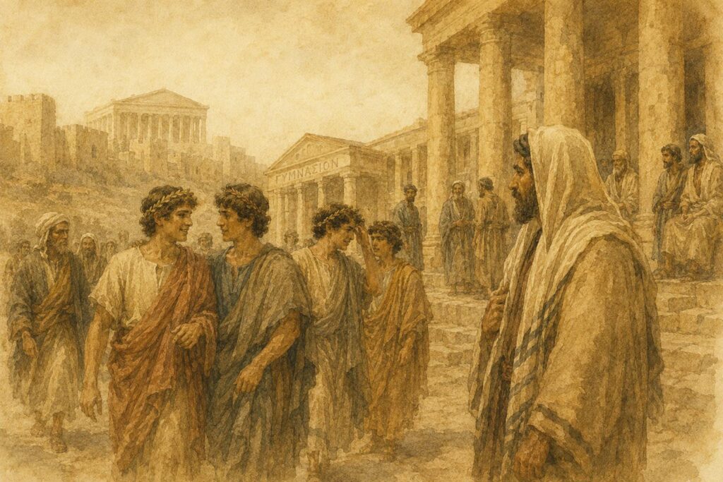 Watercolor illustration of Jewish youths embracing Hellenistic culture near a Greek gymnasium during the Second Temple period.