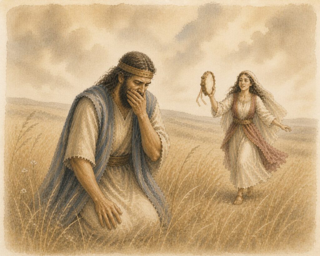 watercolor image of Jephath's daughter running towards him in a field with a tambourine in her hand