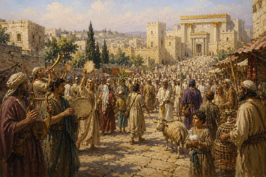 pilgrims gathered at the Temple Mount with festival atmosphere