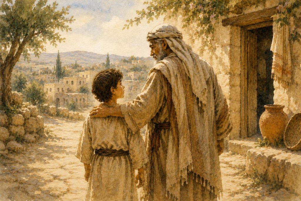 watercolour illustration of a man and a boy, biblical setting