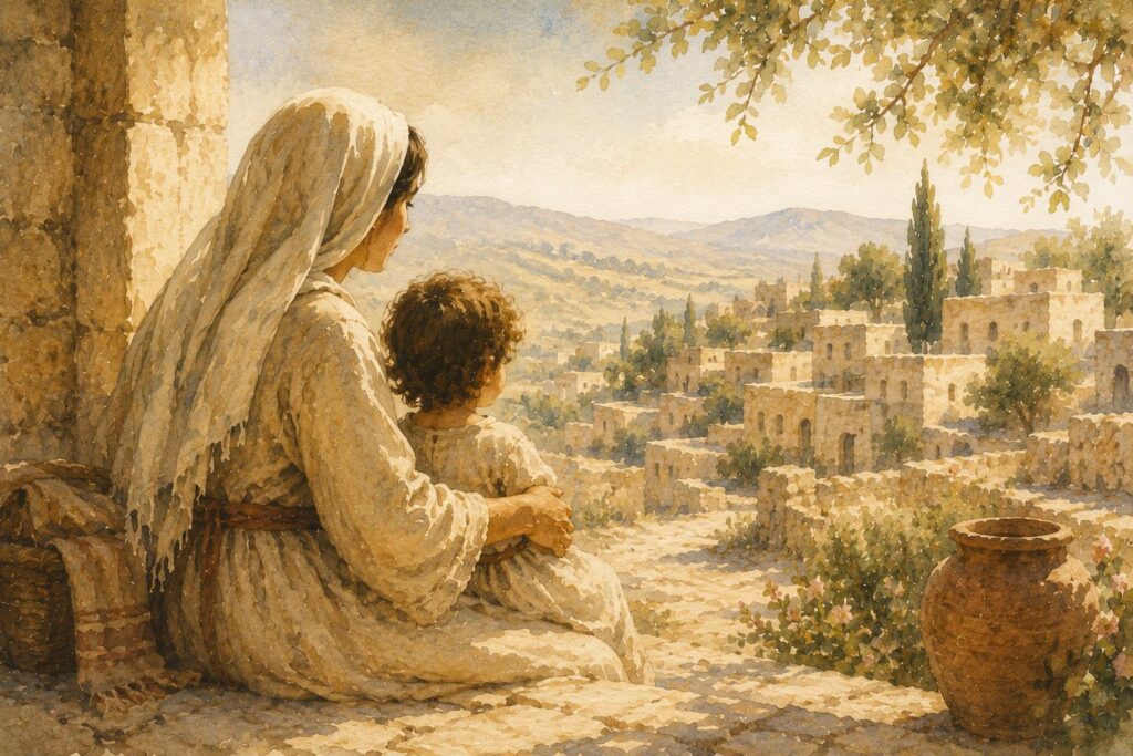 watercolour illustration of a mother and child overlooking an ancient village in the biblical world, symbolising family continuity and protection.