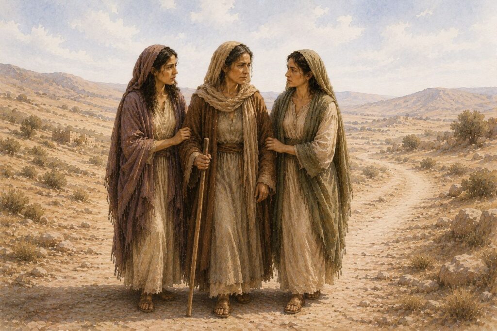 Watercolor illustration of Naomi with Ruth and Orpah standing together on a desert road in the biblical world.
