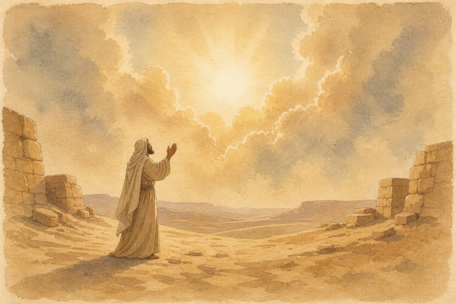 illustration of a biblical scene, a man in a desert setting, hands held up in prayer to God