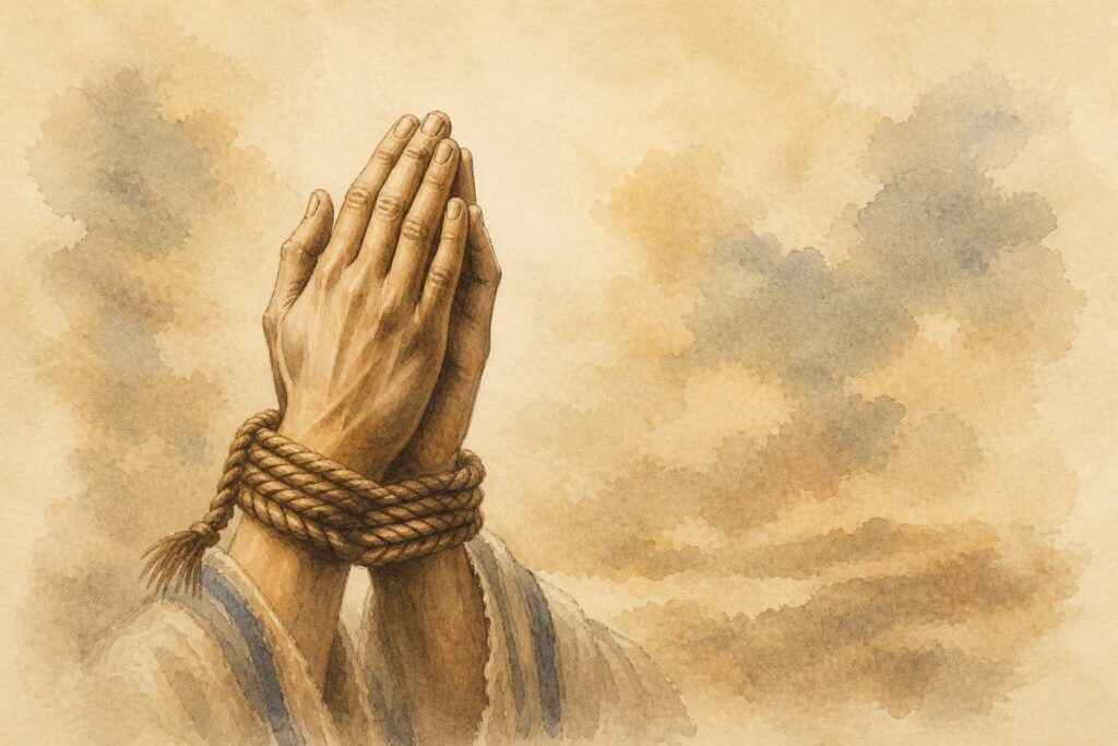 sepia-toned illustration of a pair of hands, bound together in prayer