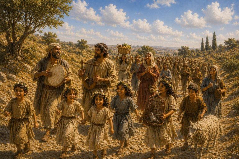 Jewish pilgrims journeying together through the hills of Judea on the way to Jerusalem during the Second Temple period