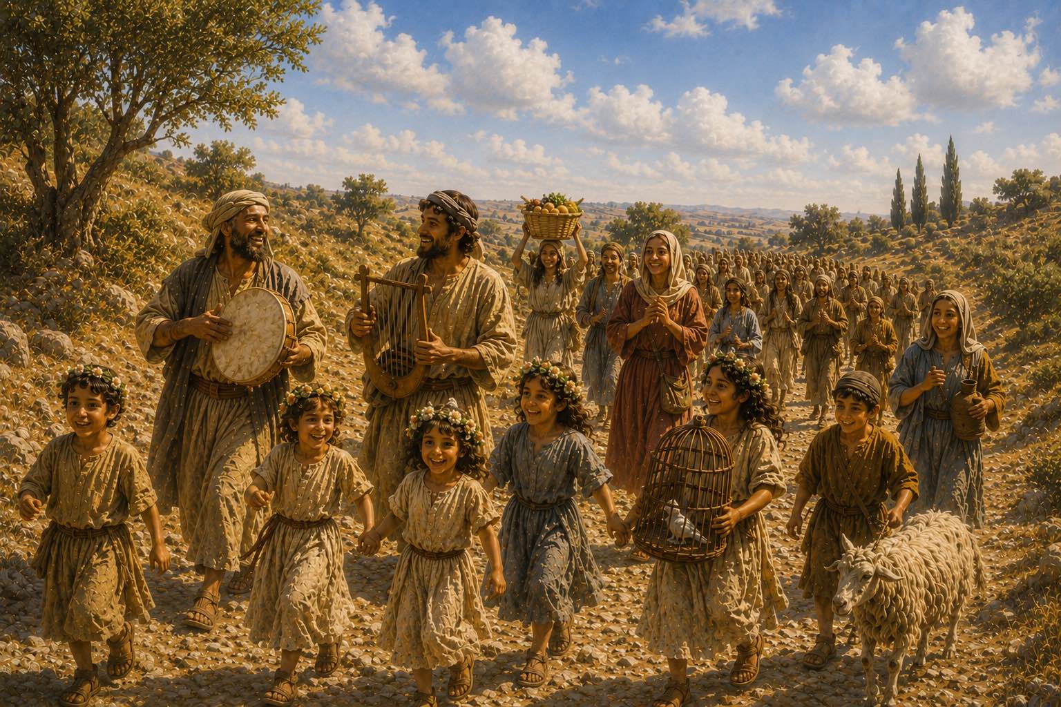 Jewish pilgrims journeying together through the hills of Judea on the way to Jerusalem during the Second Temple period