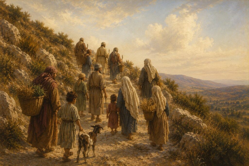 an illustration of pilgrims ascending Stone Mountain steps on their pilgrimage to Jerusalem