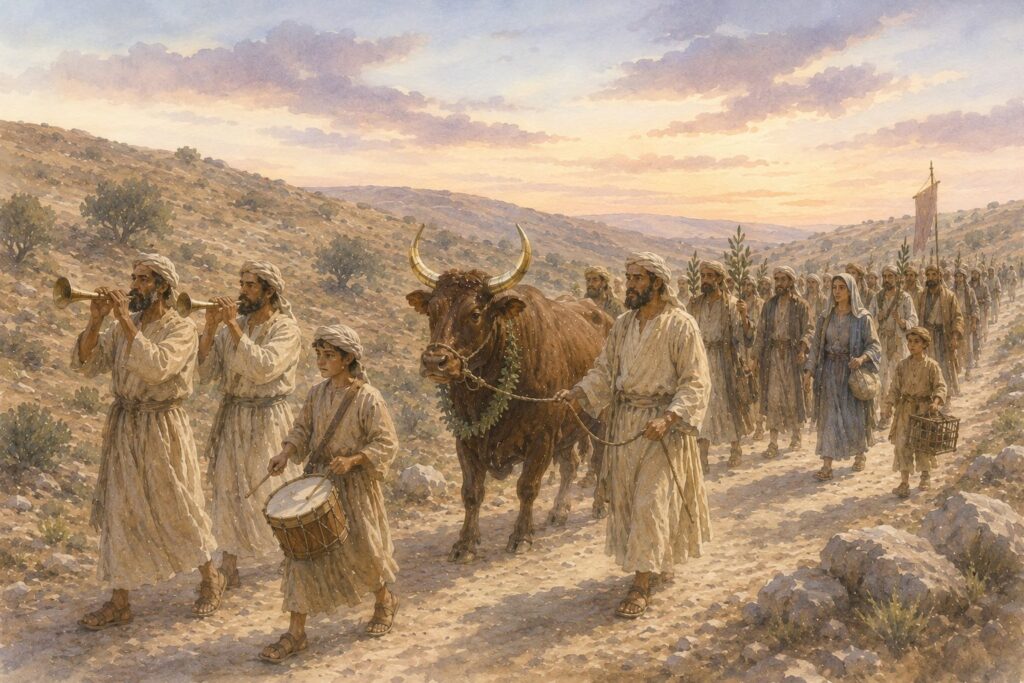 a procession of pilgrims heading to Jerusalem, with a gold horned bull at the front