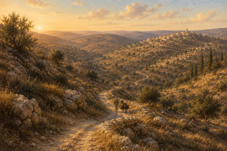 Ancient winding road through the hills of the Land of Israel at sunset