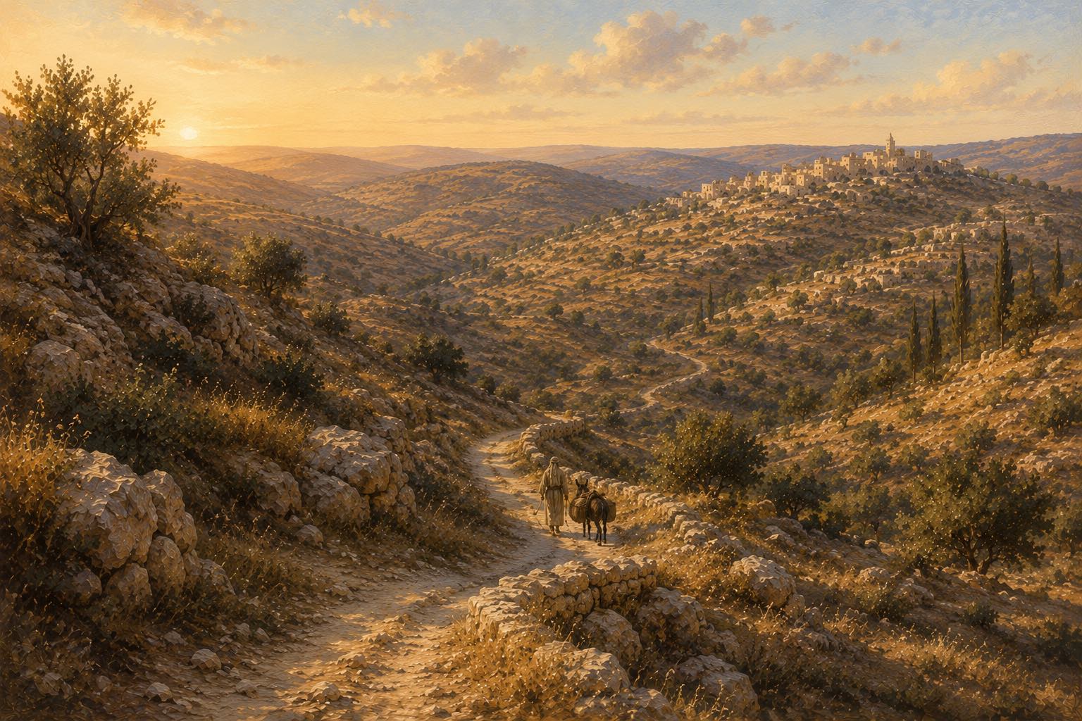 Ancient winding road through the hills of the Land of Israel at sunset