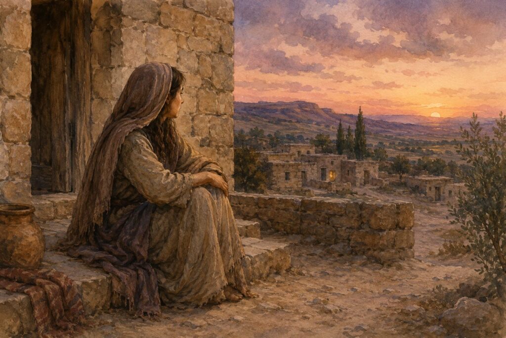 Watercolor illustration of a woman sitting alone outside a stone house in an ancient biblical village at sunset, symbolising waiting and uncertainty