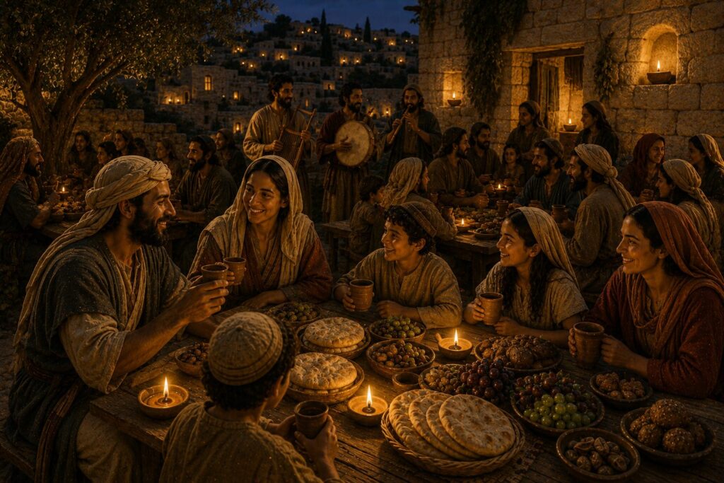 Pilgrims and families sharing a communal thanksgiving meal in Jerusalem during the Second Temple period