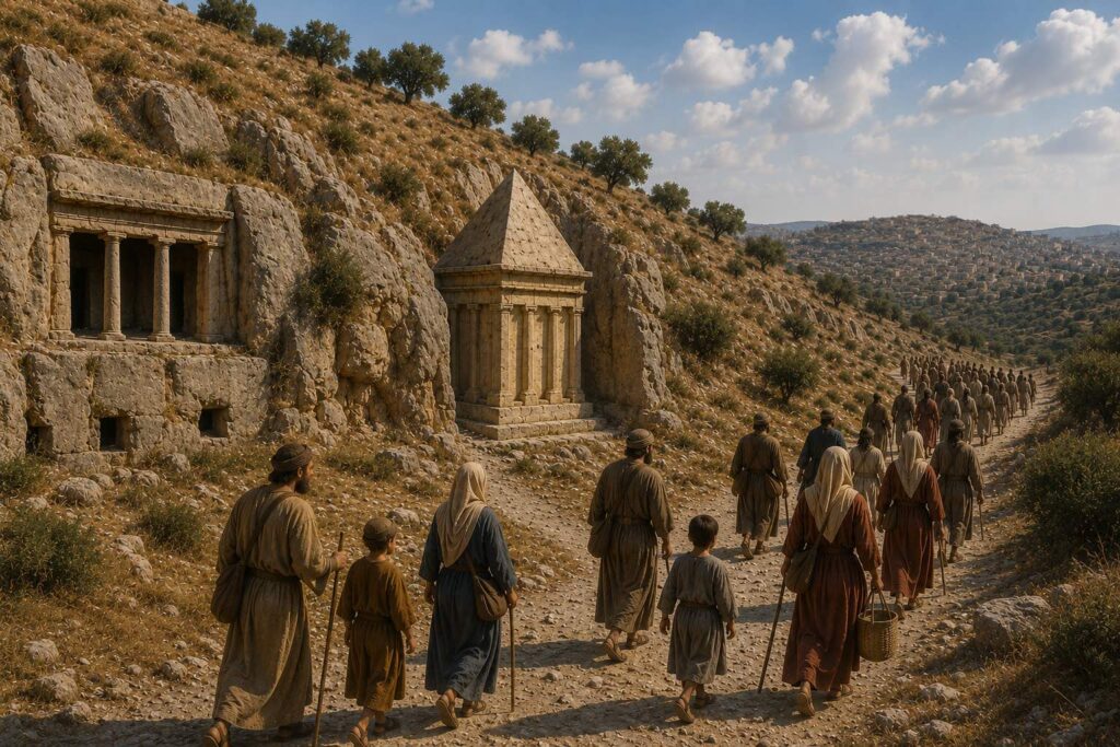 an illustration of pilgrims alongside aristocratic tombs during Second Temple period