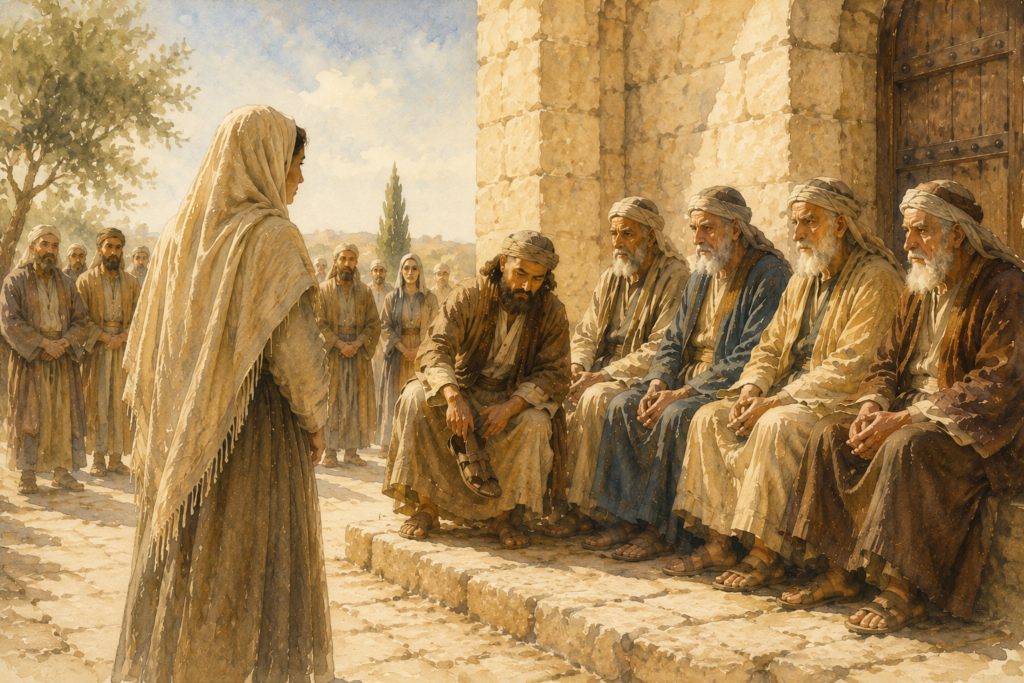 Watercolor illustration of a biblical widow standing before elders at a city gate during the ritual associated with Yibbum and Halitzah.