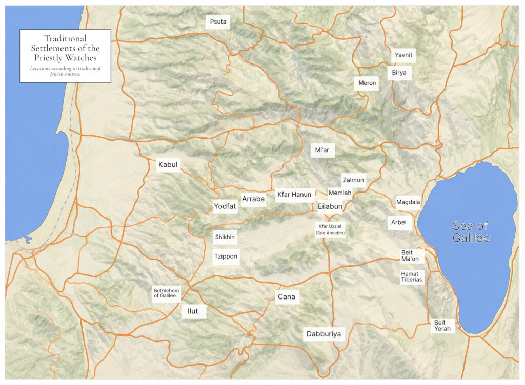 Map showing the traditional settlements of the twenty-four priestly watches in the Galilee after the destruction of the Second Temple.