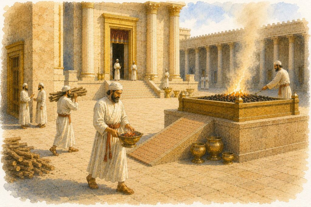 Image of priests carrying wood, tending the altar fire, and carrying glowing coals