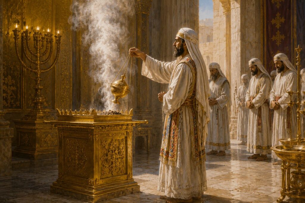 Zechariah burning incense inside the Temple