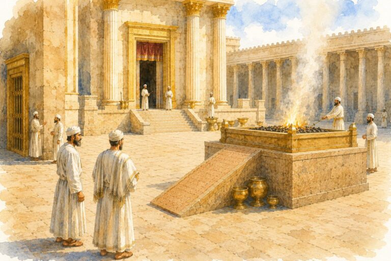 Watercolour illustration of priests serving in the Second Temple courtyard beside the altar of burnt offering, with the Temple entrance and colonnades in the background